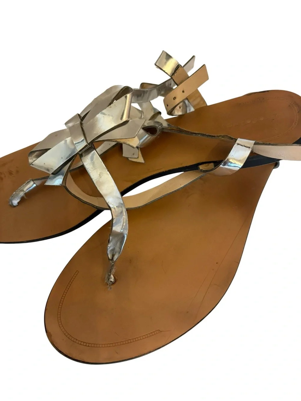 Zara Metallic Silver Bow T-Strap Flat Sandals - Picture 4 of 4